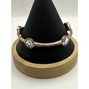 Hammered Gold Jewel Bangle Textured Stretch Bracelet with Clear Oval Crystals